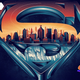 A crop of DC's Superman logo with Metropolis and the Fortress of Solitude reflected inside it by DKNG. It's the art on a new vinyl release of John Williams' score.
